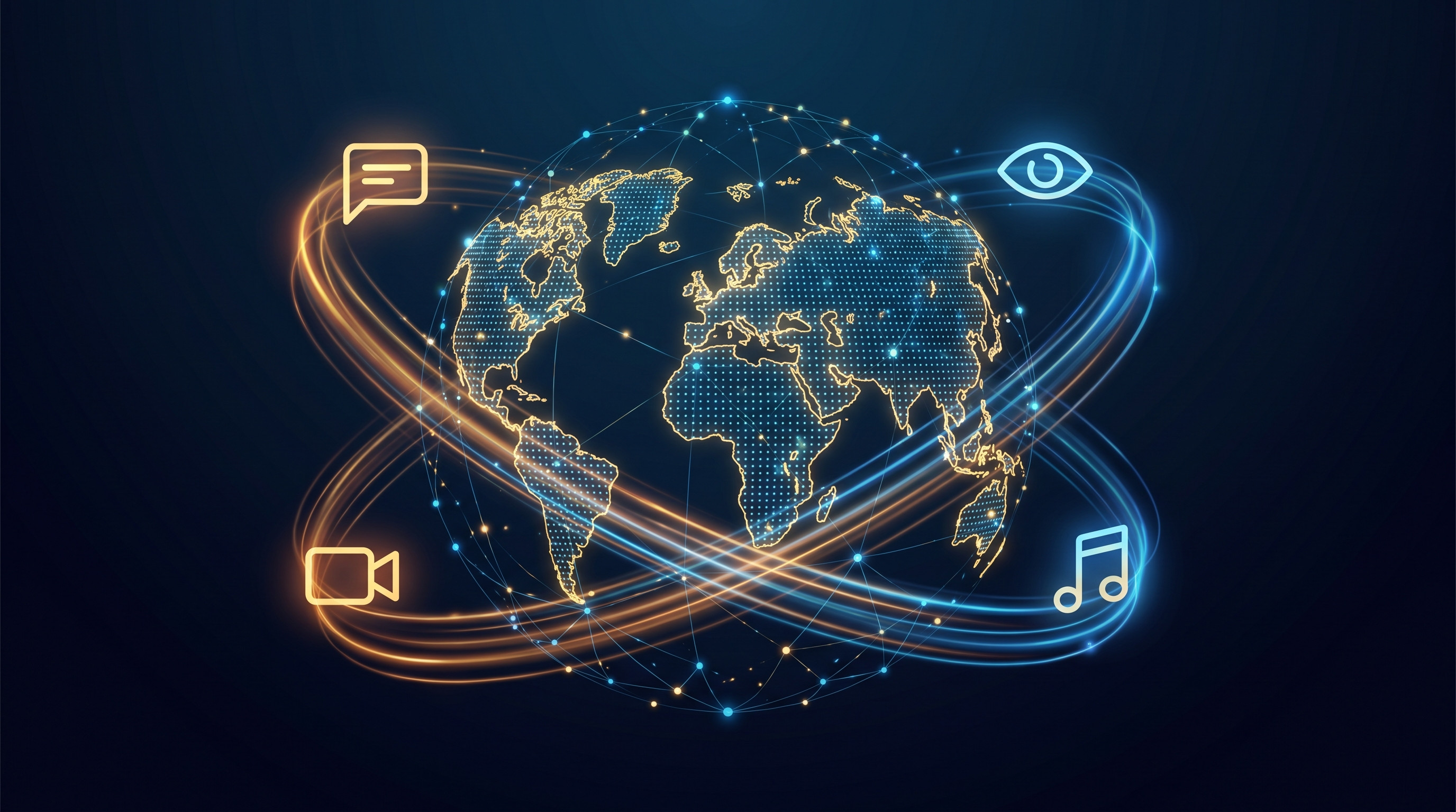 Full-modality + globalization: text, image, video, and audio orbiting a world map