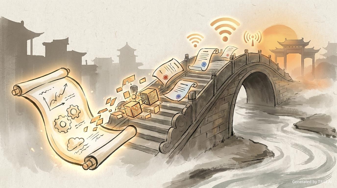 从想法到交付的视觉隐喻：设计蓝图跨越桥梁，轉化为可发布成果