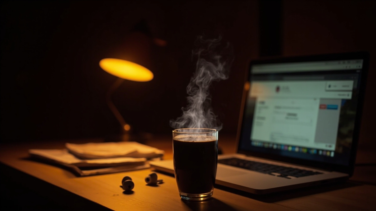 深夜書桌上一杯咖啡與打開的筆電,螢幕顯示AI工具與線上課程頁面,溫暖琥珀色調,呈現自我投資的儀式感