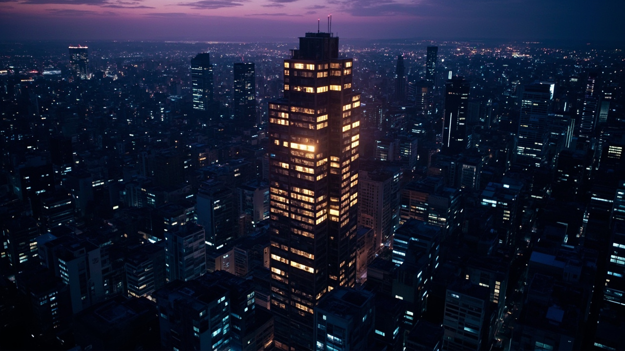 市中心高楼层夜景,窗内温暖灯光暗示被动收入,窗外是密密麻麻的租屋族窗户,展现资产阶级的隐形轉移