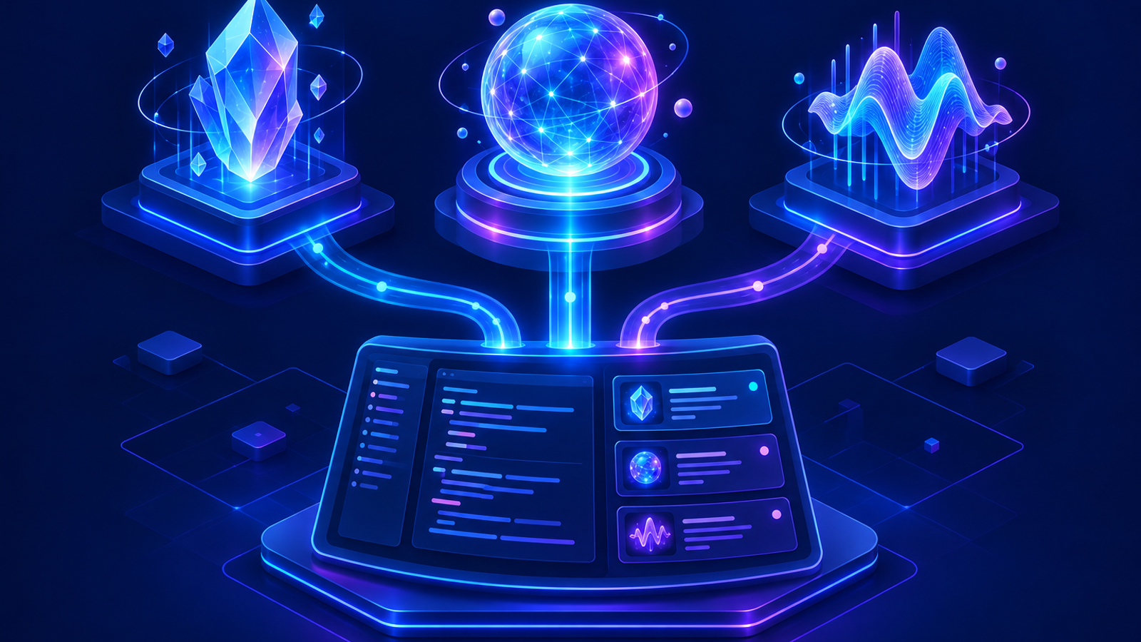 Three AI model cores connected to a developer console through APIs