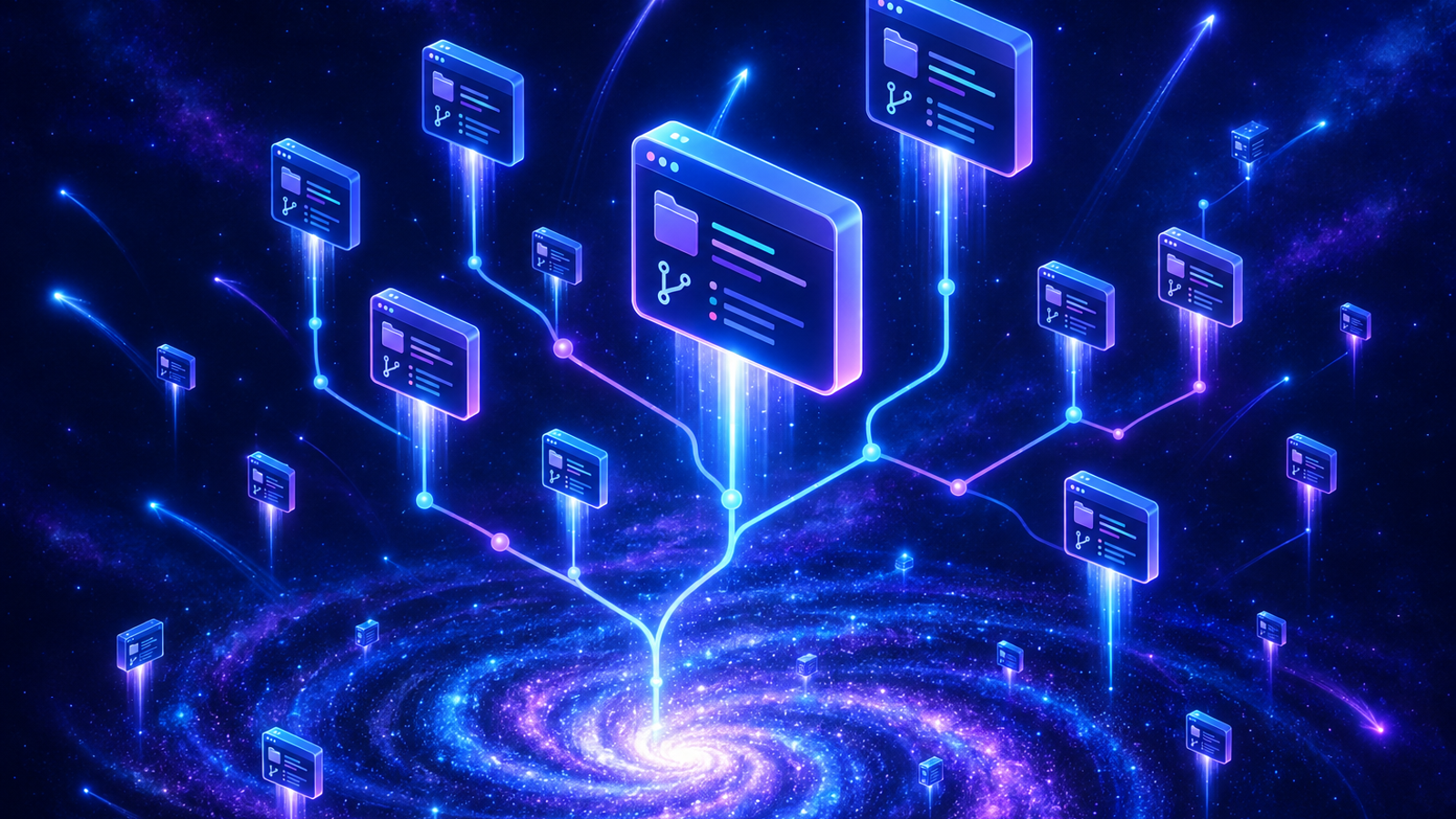 Trending open-source repositories rising like stars from a code galaxy